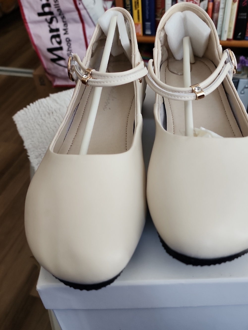 Aritzia Cream T-Strap Flats with Gold Buckle